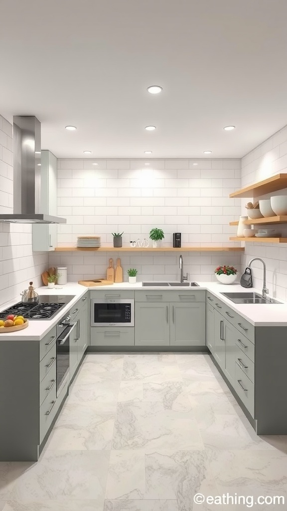 A modern kitchen featuring efficient workflow design with a gray color scheme and open shelving.