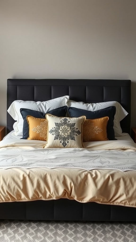 A beautifully arranged bed with a black headboard and beige bedding complemented by decorative pillows in blue and gold.
