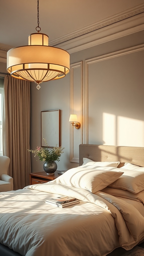 A cozy beige bedroom featuring an elegant chandelier and wall sconces, creating a warm and inviting atmosphere.