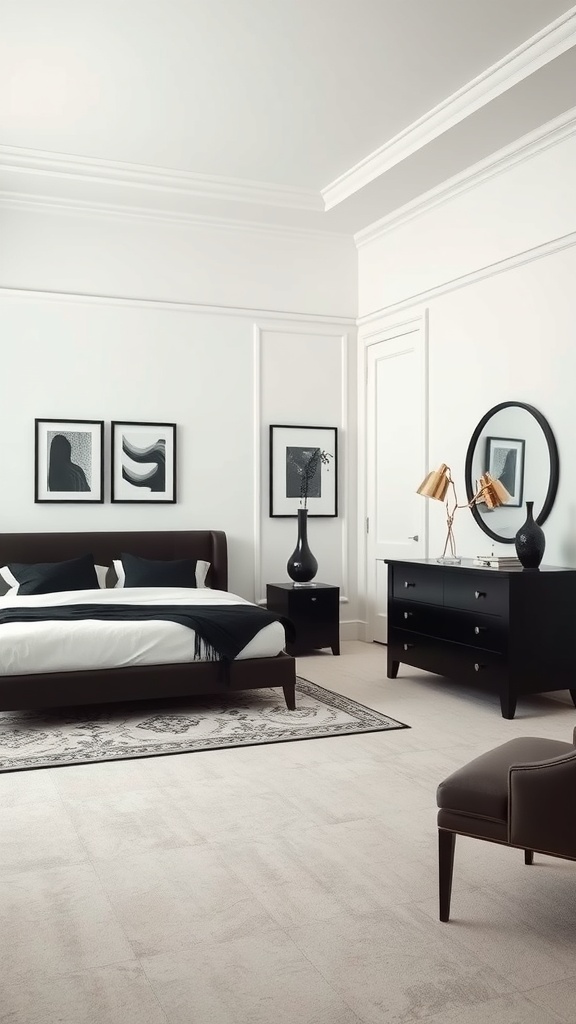 A stylish bedroom featuring black furniture and accents against a light background.