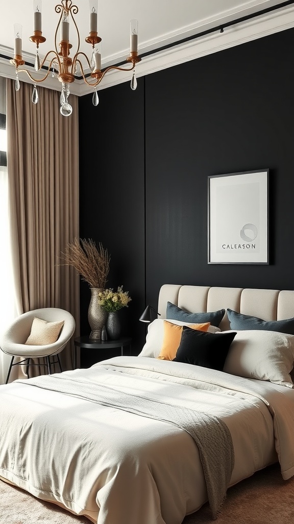 Stylish black and beige bedroom with elegant decor