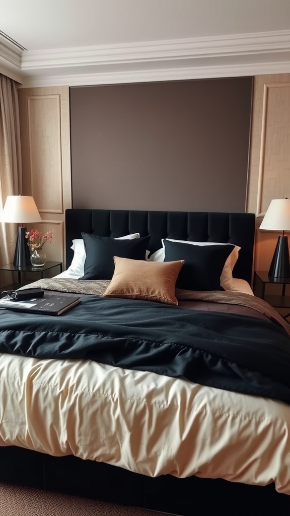 A stylish bedroom featuring black and brown bedding with a modern headboard and elegant decor.