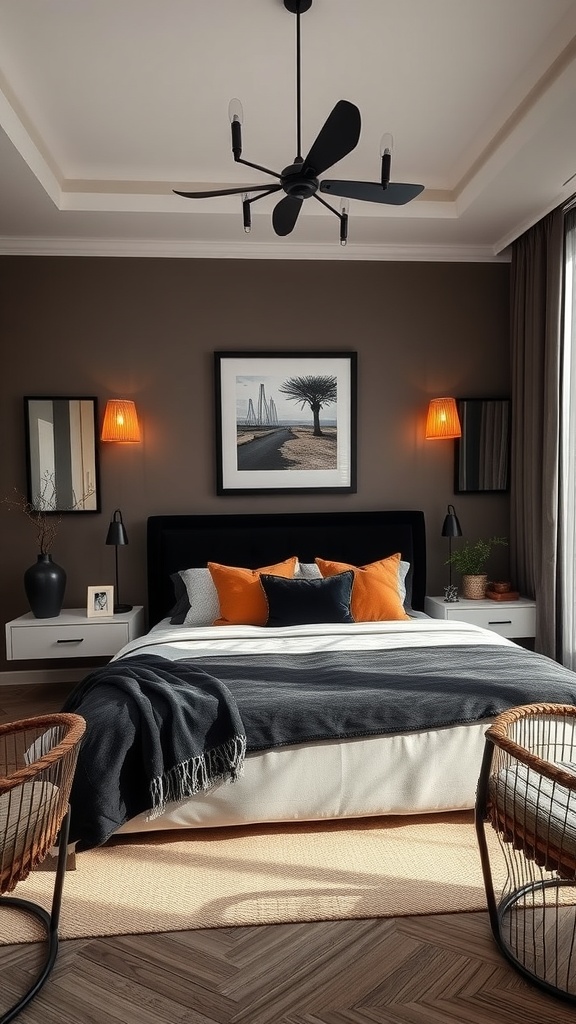 A cozy bedroom featuring a black and brown color palette with orange accents.