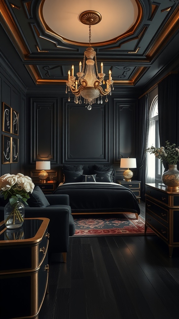A luxurious black bedroom with gold accents, featuring a chandelier, stylish furniture, and decorative elements.