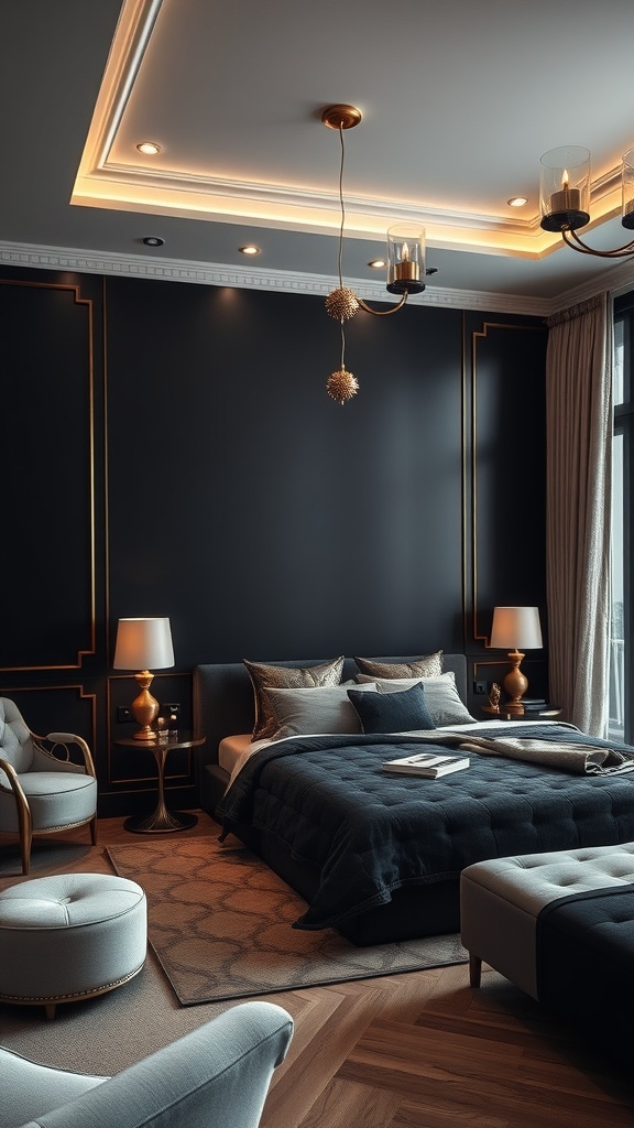 A stylish bedroom featuring a black accent wall with gold trim, elegant lighting, and cozy furnishings.
