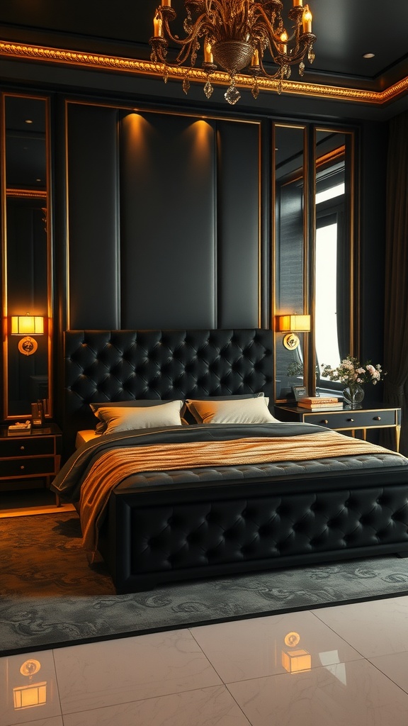 A luxurious black and gold bedroom featuring a tufted black bed, gold accents, and elegant lighting.