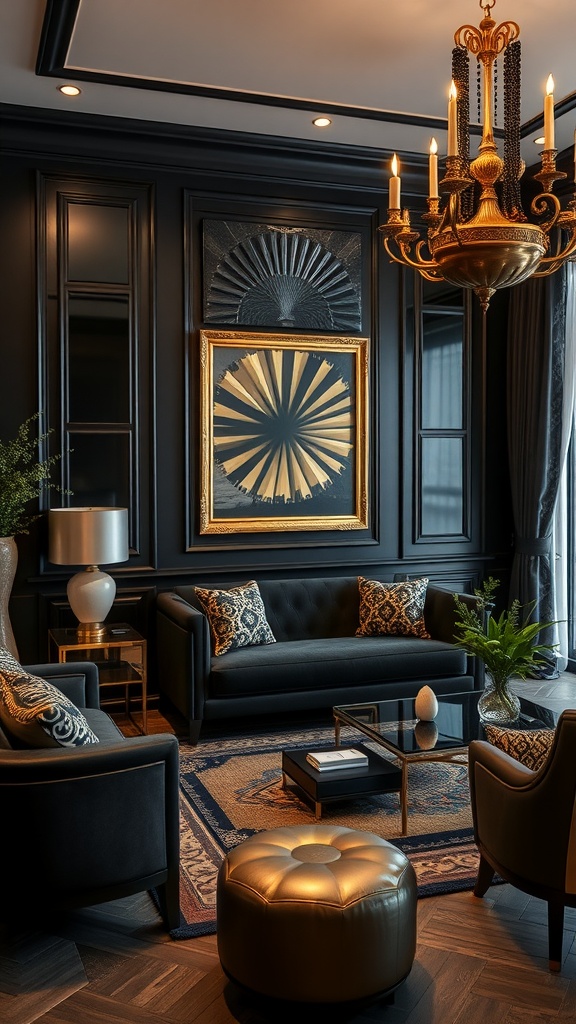 A black living room featuring gold accents in decor, including a chandelier and artwork, with plush seating and a stylish coffee table.