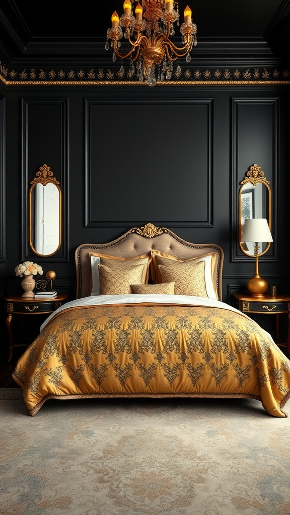 A luxurious bedroom featuring black walls, gold accents, and elegant decor.