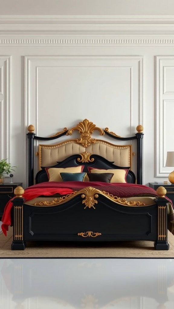 A luxurious black bed frame with gold accents, featuring an ornate headboard and rich bedding.