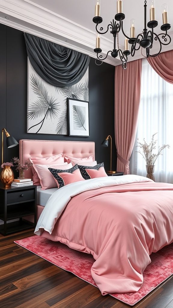 A stylish black and pink bedroom featuring a pink bed with decorative pillows, black walls, and a chandelier.