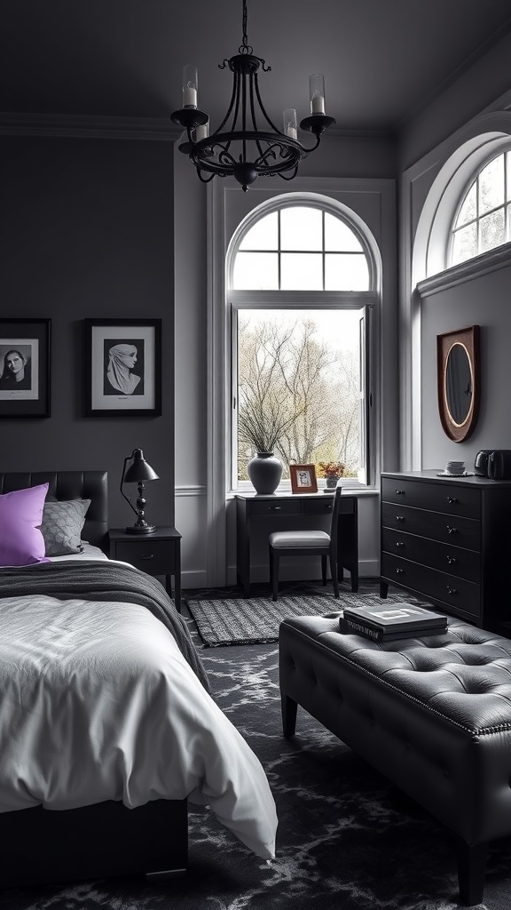 A stylish black and purple bedroom featuring a black bed, purple accents, and elegant decor.