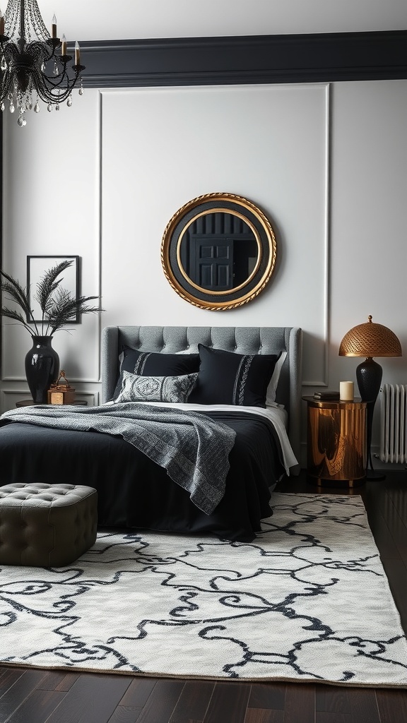 A stylish black bedroom featuring black bedding, a silver chandelier, and a round mirror with a golden frame.
