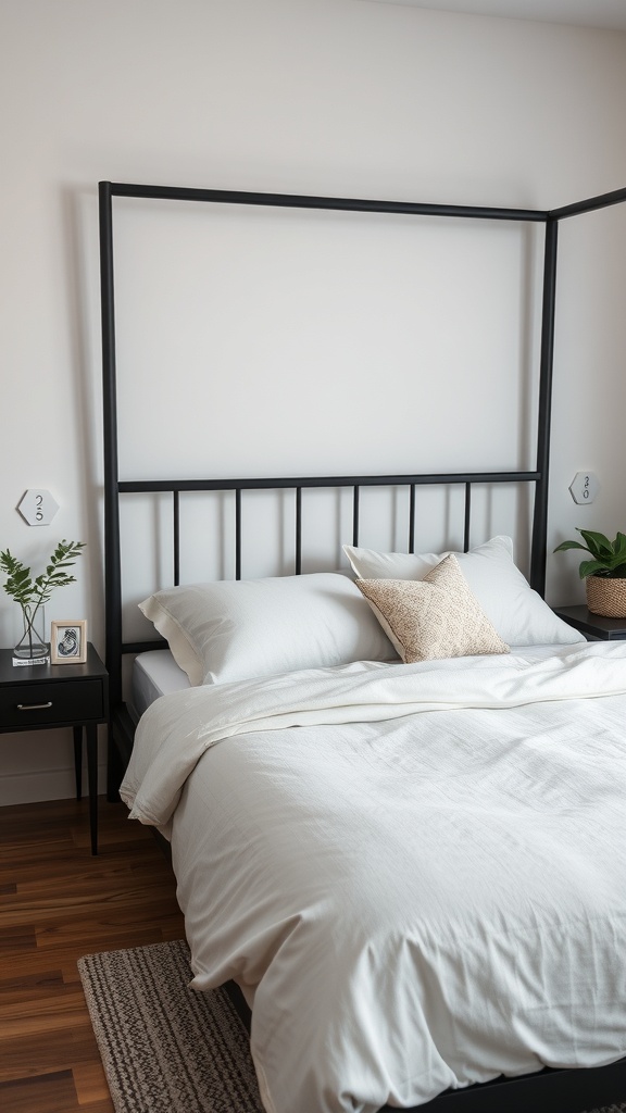A modern black bed frame with neutral bedding and decorative pillows in a stylish bedroom setting.