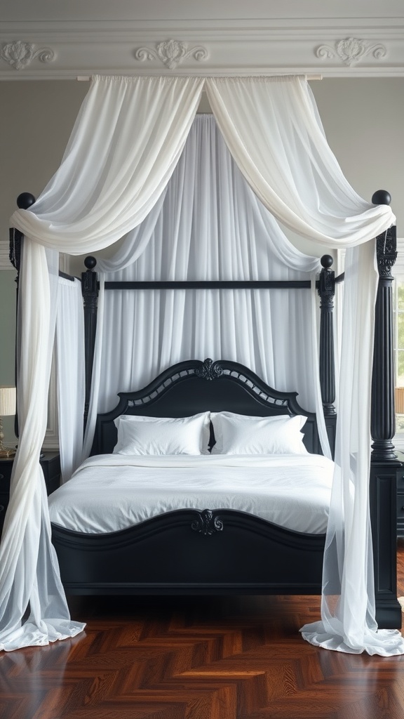 A black canopy bed with sheer white drapes, featuring a stylish design and elegant decor.