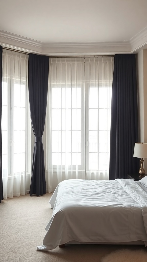 A bedroom featuring elegant black curtains framing large windows, with a light-colored bedspread.