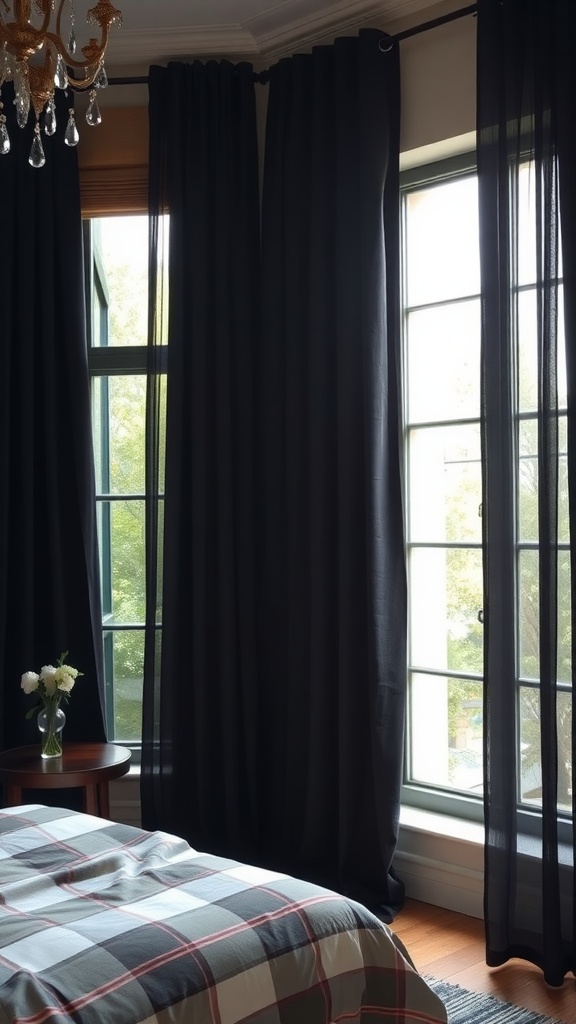 A bedroom featuring black drapery, a plaid bedspread, and a chandelier.