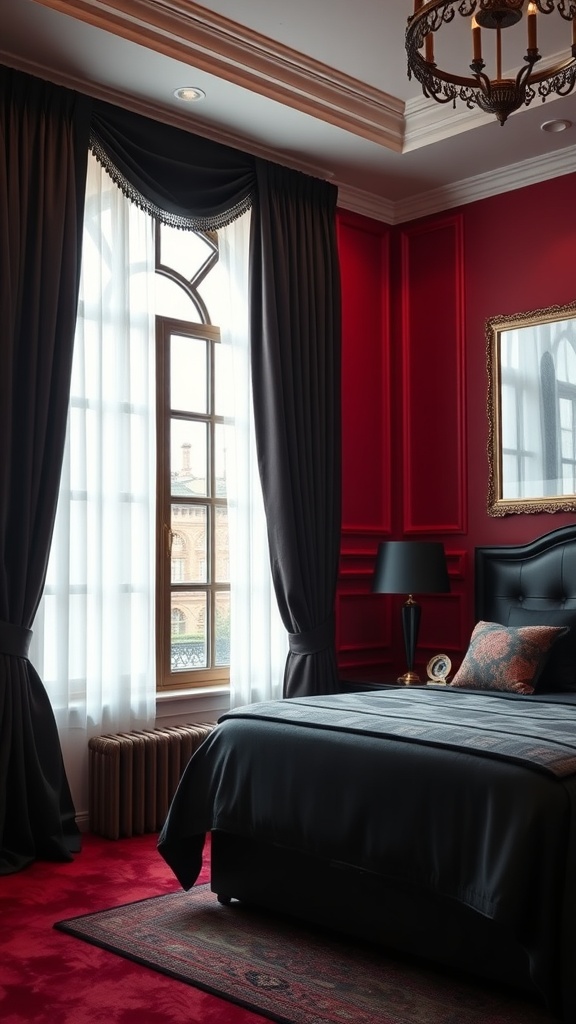 A stylish bedroom featuring elegant black drapes against red walls, with a cozy bed and window.