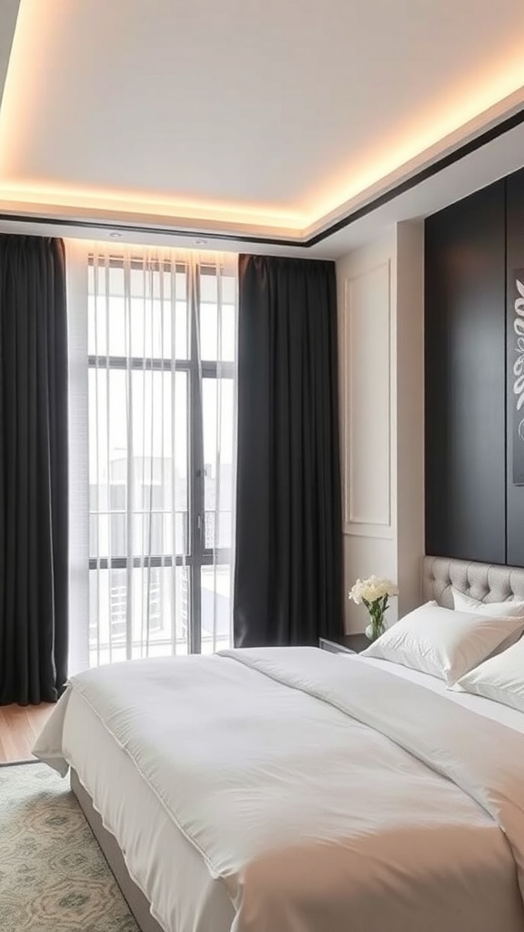 A modern bedroom featuring elegant black drapes and sheer curtains, with a cozy bed and stylish decor.