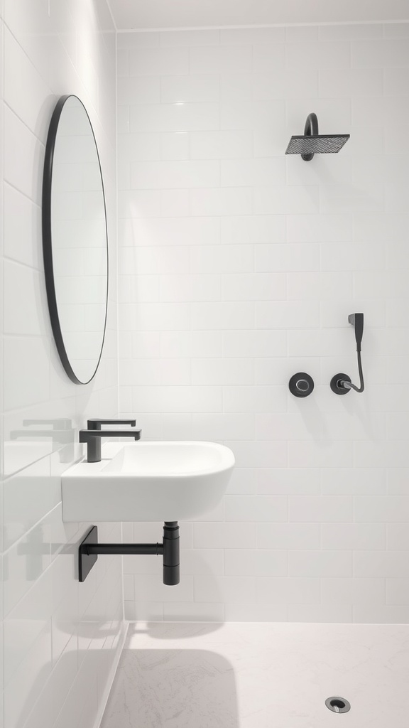 A modern bathroom featuring black fixtures including a faucet, showerhead, and a circular mirror against white tiles.