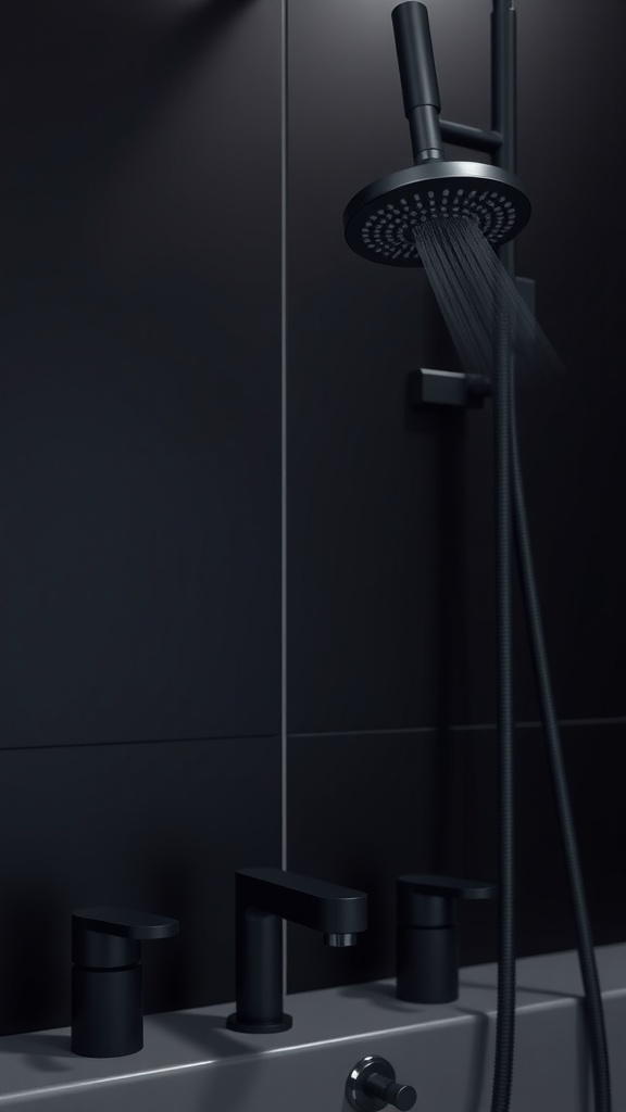 A close-up of modern black shower fixtures in a dark bathroom setting.