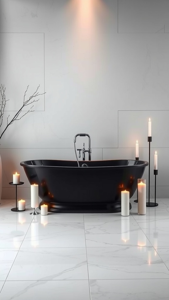 A black freestanding bathtub surrounded by candles on a white marble floor