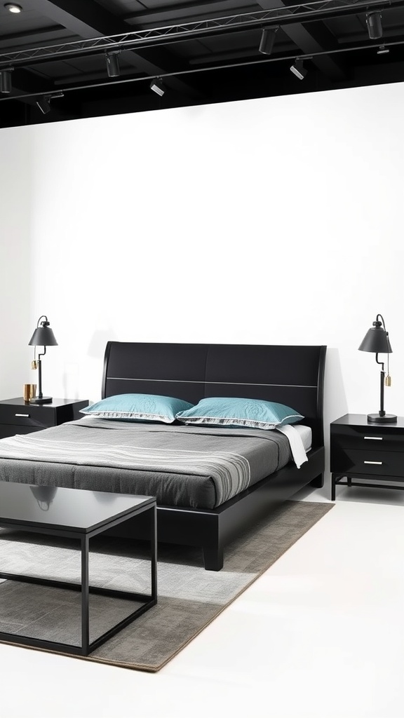 A modern black and white bedroom featuring a black bed frame, nightstands, and a coffee table.