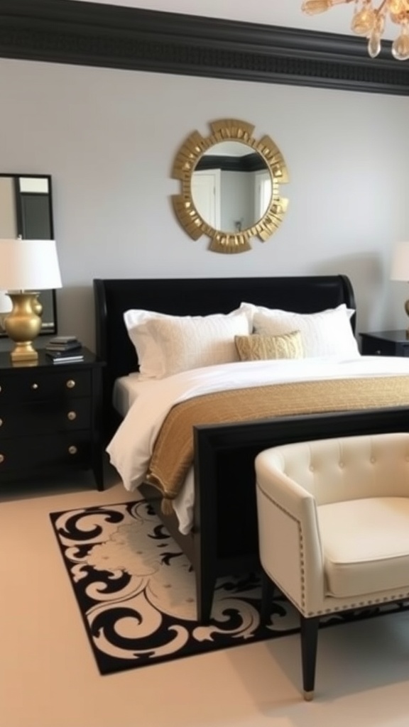 A stylish bedroom featuring black furniture, a tufted bed, and dark walls.
