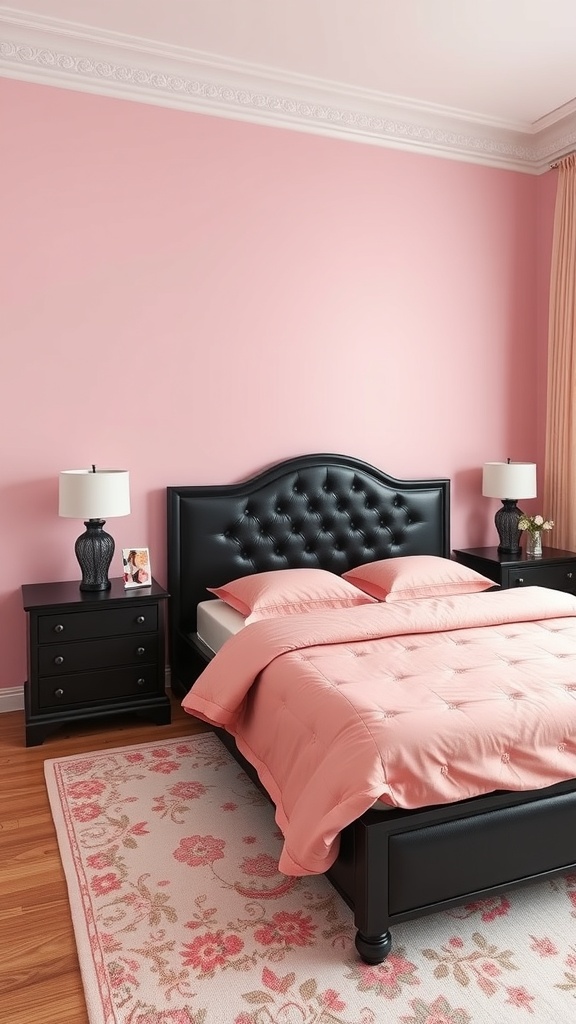 A pink bedroom featuring black furniture accents, including a bed and nightstands.