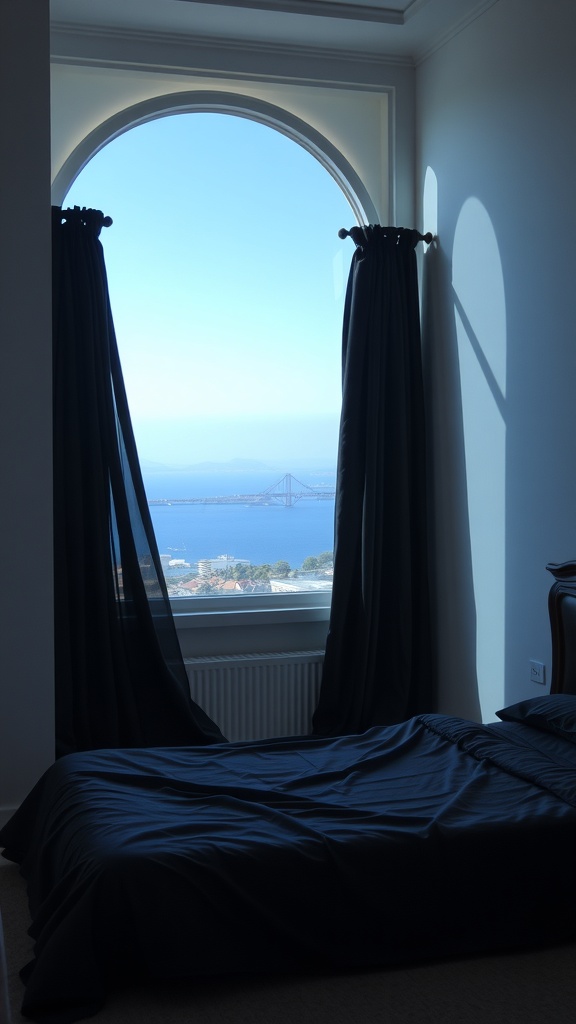 A bedroom with black curtains framing a large window overlooking a blue sky and sea.