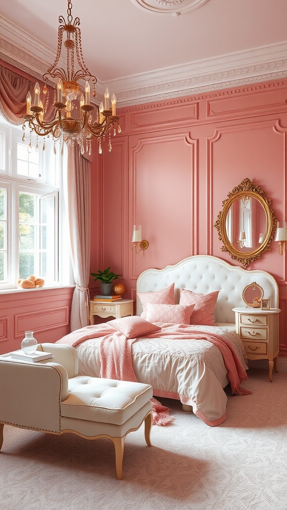 A beautifully decorated girl's bedroom featuring blush pink walls, a plush bed, elegant chandelier, and stylish furniture.