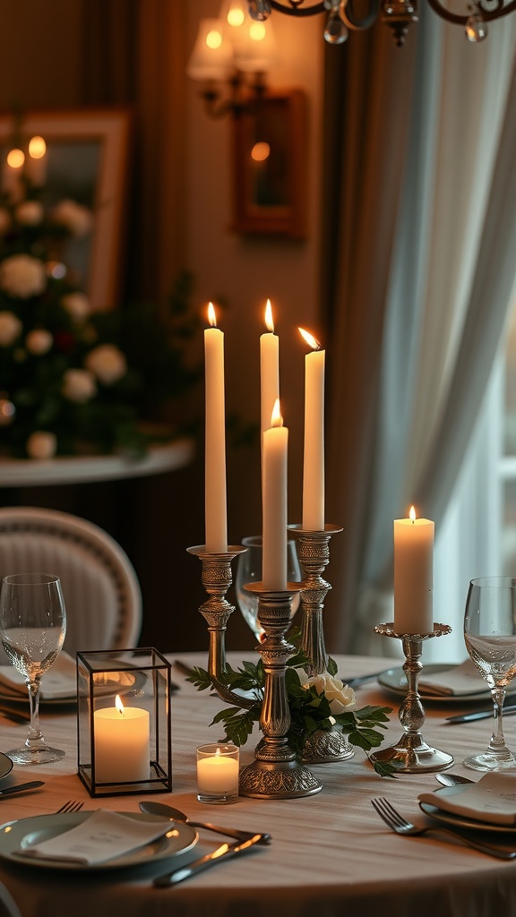 A beautifully set dining table featuring elegant silver candle holders with white candles, surrounded by soft lighting and floral accents.