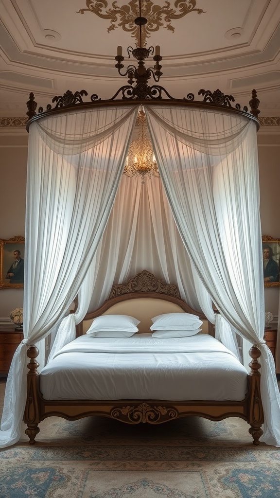 A beautifully designed canopy bed with sheer curtains and an elegant chandelier above.