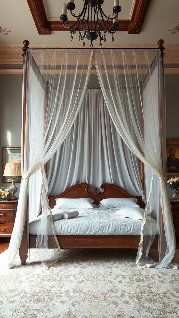 Elegant canopy bed with sheer curtains and wooden frame in a stylish bedroom