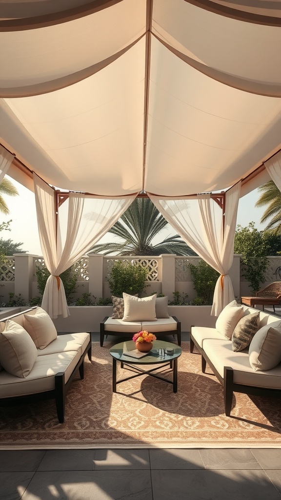 A cozy outdoor canopy lounge with comfortable seating and curtains, surrounded by plants.