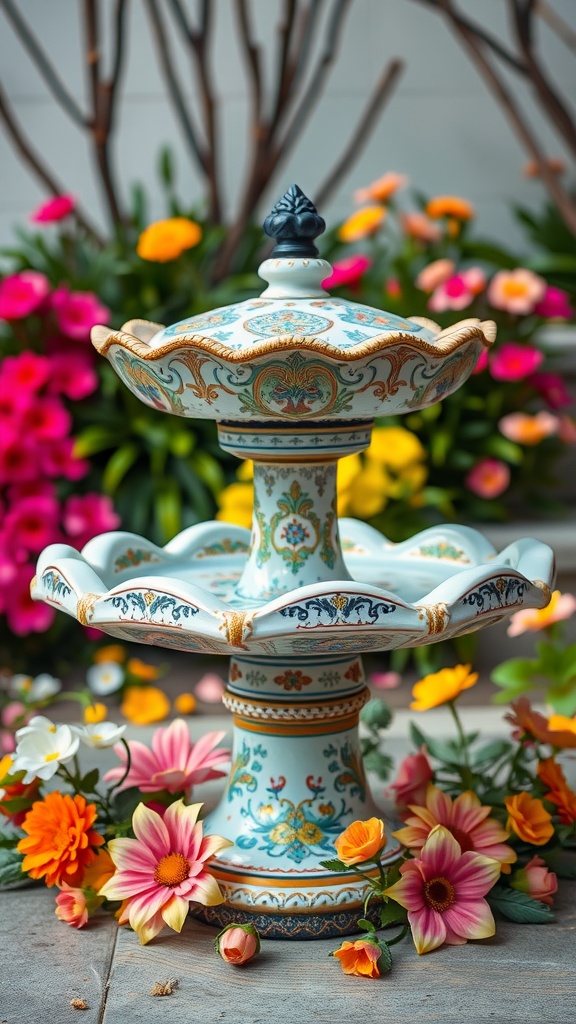 Ceramic bird bath surrounded by colorful flowers