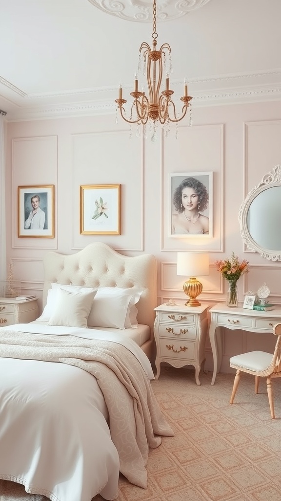 A classy bedroom featuring soft pink walls, cream bedding, and elegant furniture with gold accents.