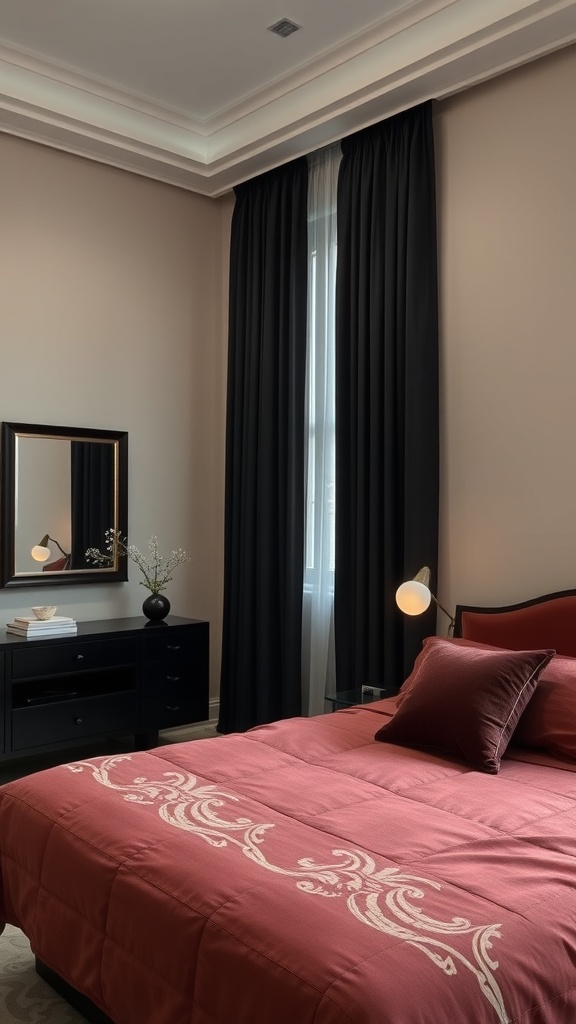A stylish bedroom featuring black out curtains, a warm wall color, and elegant bedding.
