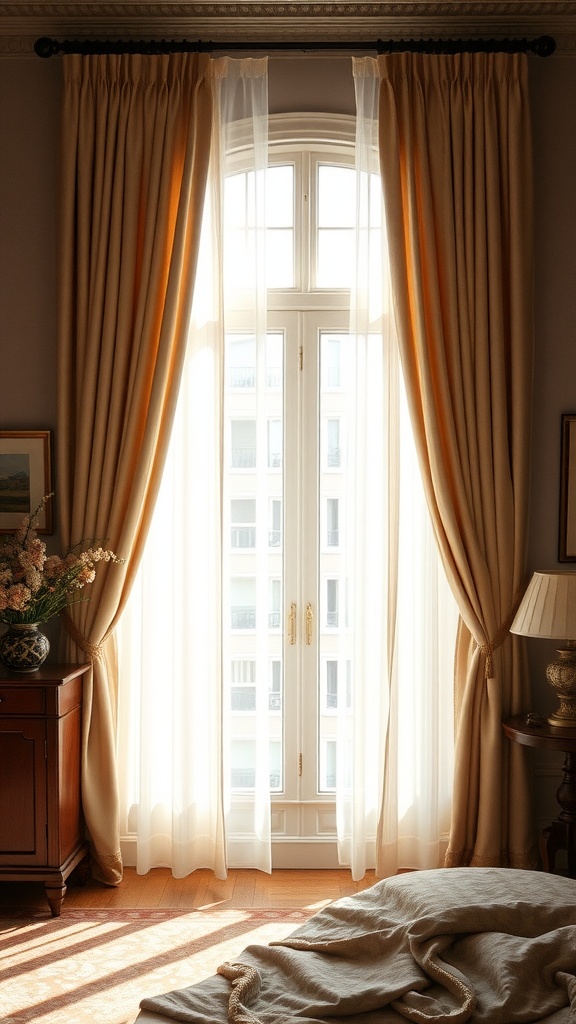 Elegant beige curtain setup in a cozy bedroom with a warm aesthetic