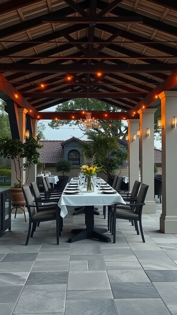 Covered patio dining area with a long table set for dinner, surrounded by lights and plants.