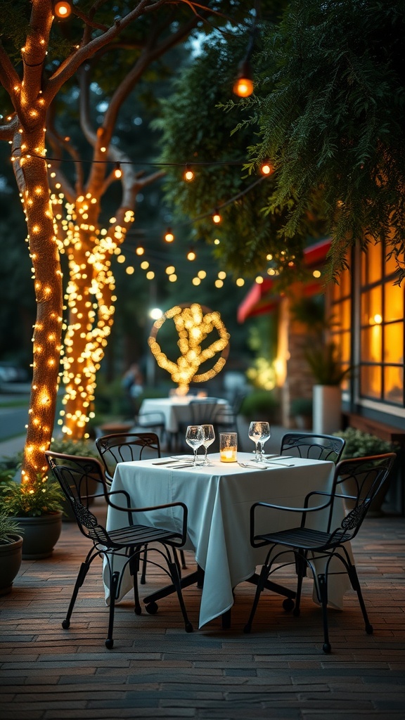 Outdoor dining area with twinkling lights and a table set for dinner