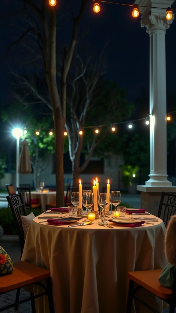 A cozy dining setup under string lights with a table set for dinner, featuring candles and elegant place settings.