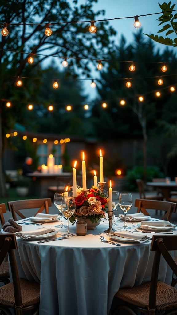 An elegant outdoor dining setup with a table, candles, and string lights