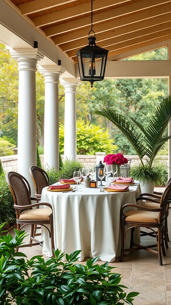 A beautifully set dining table on a covered back patio, featuring a white tablecloth, vibrant floral accents, and elegant glassware.