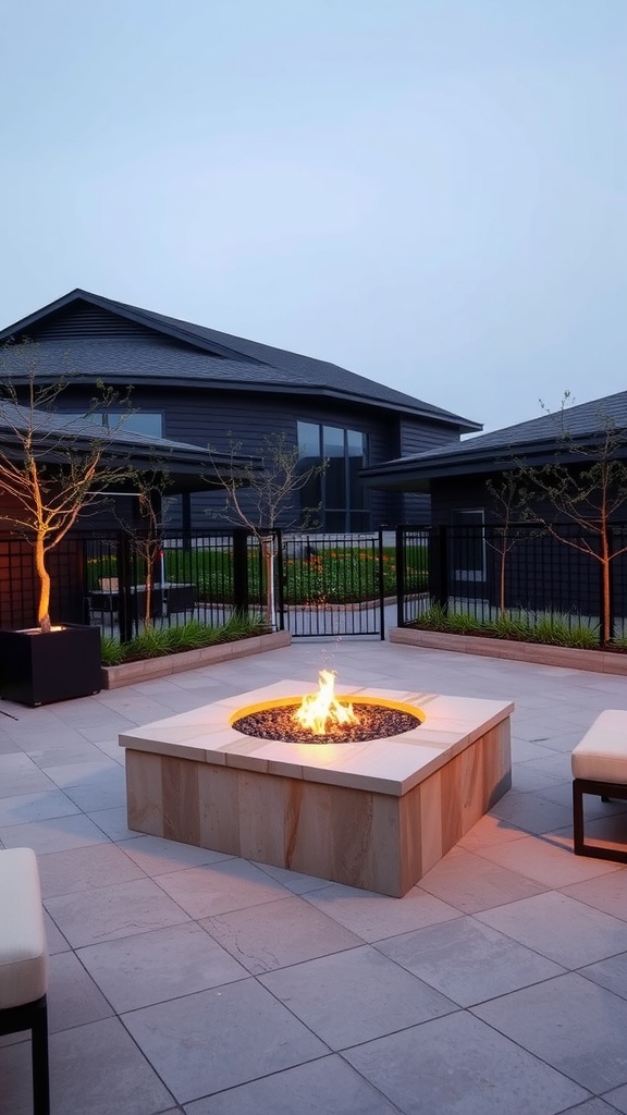 Modern outdoor fire pit surrounded by a patio and trees, featuring a glowing flame and elegant design.