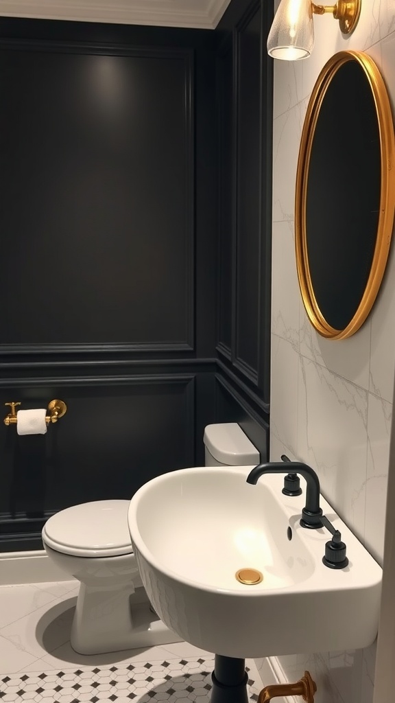 A modern guest bathroom with elegant fixtures including a stylish sink, faucet, and lighting.