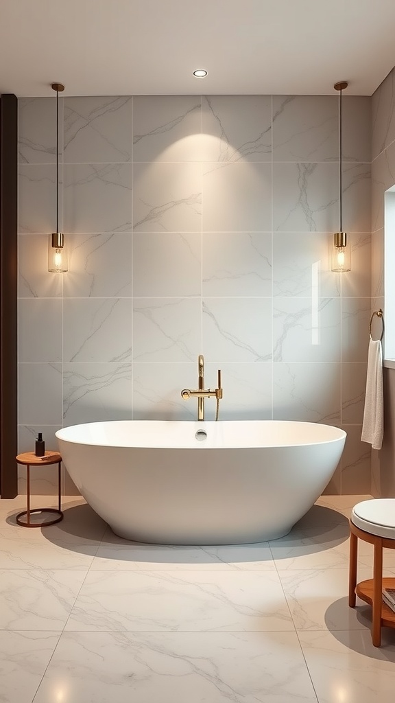 A luxurious modern bathroom featuring a freestanding bathtub, marble walls, and elegant lighting.