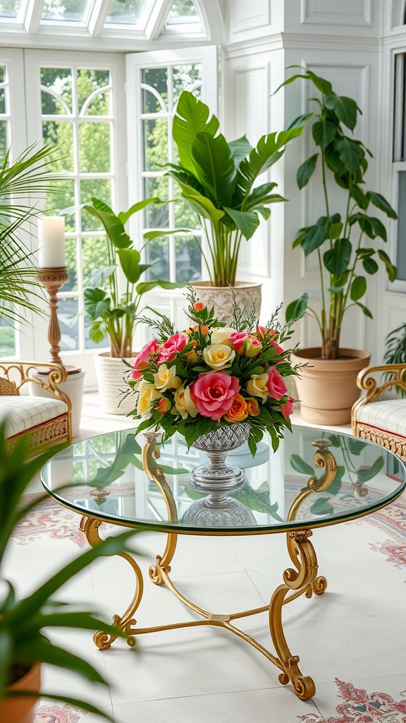 A round glass coffee table with a floral arrangement on top, surrounded by plants and elegant seating in a sunroom.