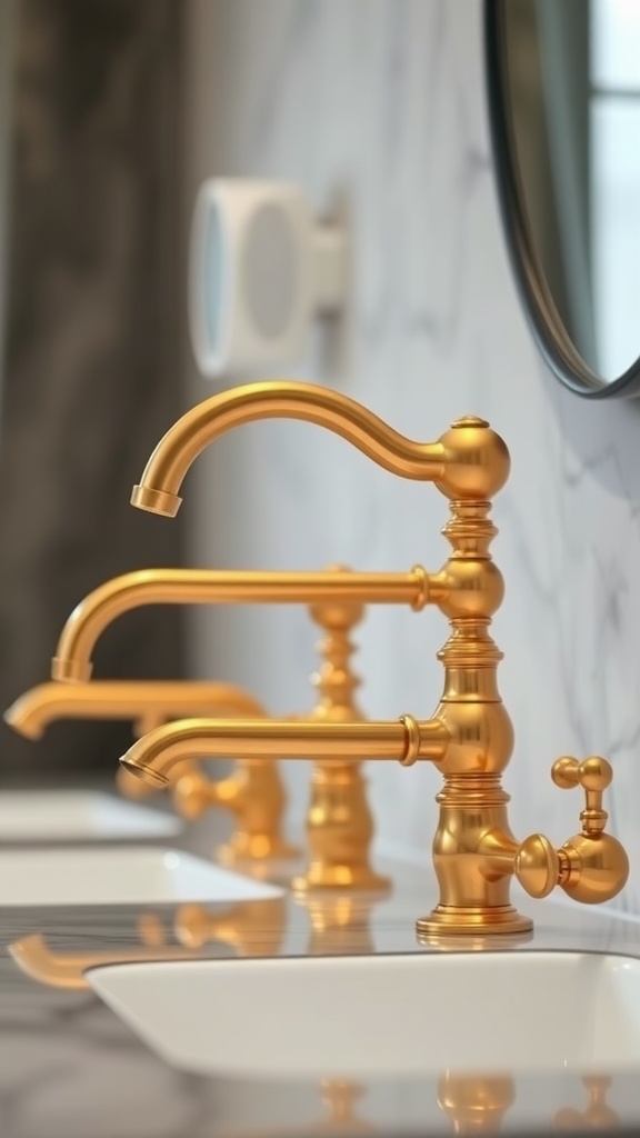 Close-up of gold faucets in a modern bathroom with white sinks and marble background.