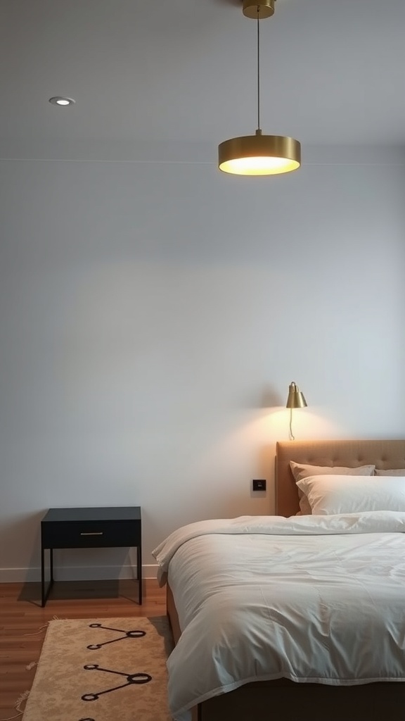 A modern bedroom featuring gold lighting fixtures, including a pendant light and a wall lamp, with a black nightstand and soft bedding.