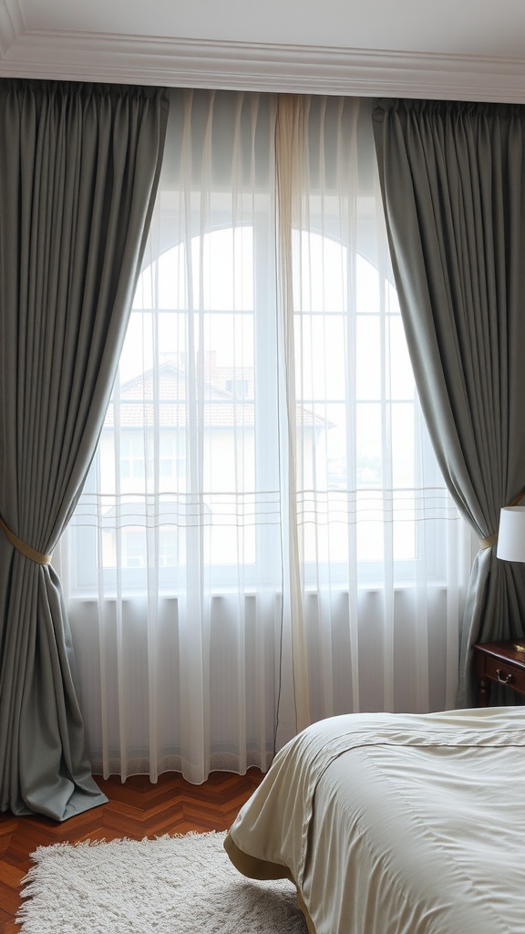 A bedroom with elegant gray curtains framing a window, complemented by sheer curtains.